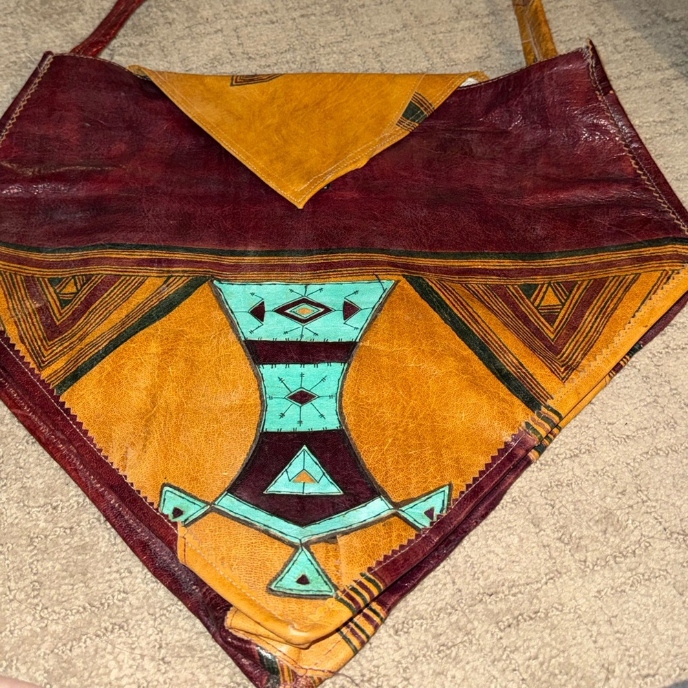 Artisan Leather Shoulder Bag - Maroon, Mustard, and Turquoise